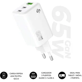 SUBBLIM Cargador GaN 65W Blanco con 2x USB-C y 1x USB-A